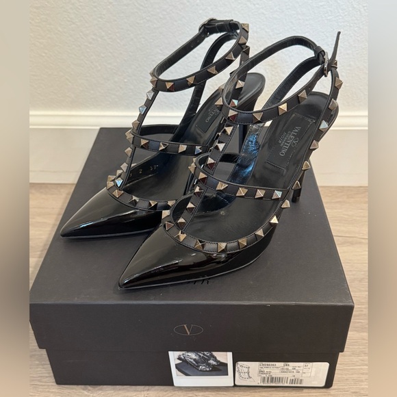 Valentino Garavani Rockstud Noir Black Ankle Strap 100mm in Patent sz 37 - Picture 3 of 8